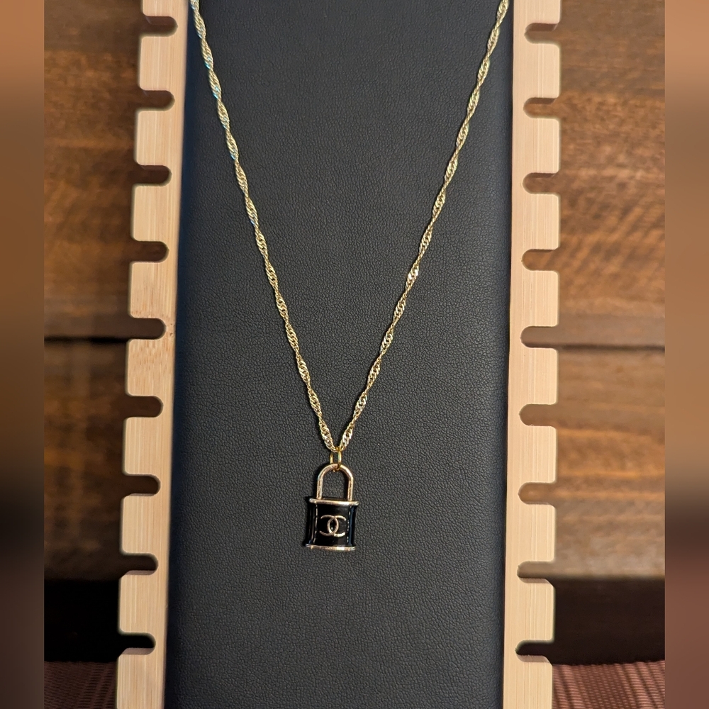 CHANEL Black and Gold Padlock Repurposed Necklace